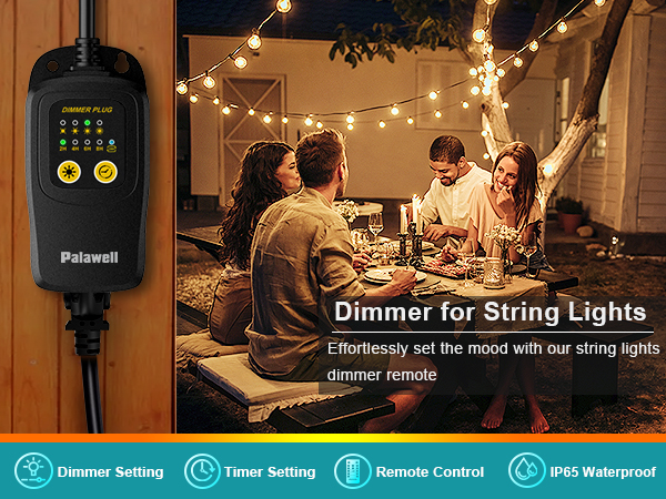 Palawell outdoor dimmer plug creating warm cozy ambiance for summer backyard watch party