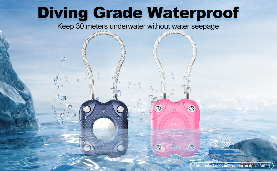 Diving-grade waterproof devices in blue and pink colors, advertised to withstand 30 meters underwater without water seepage.
