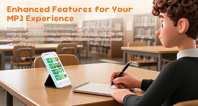 MP3 player with apps on desk beside student, highlighting radio, recorder, alarm, and tools