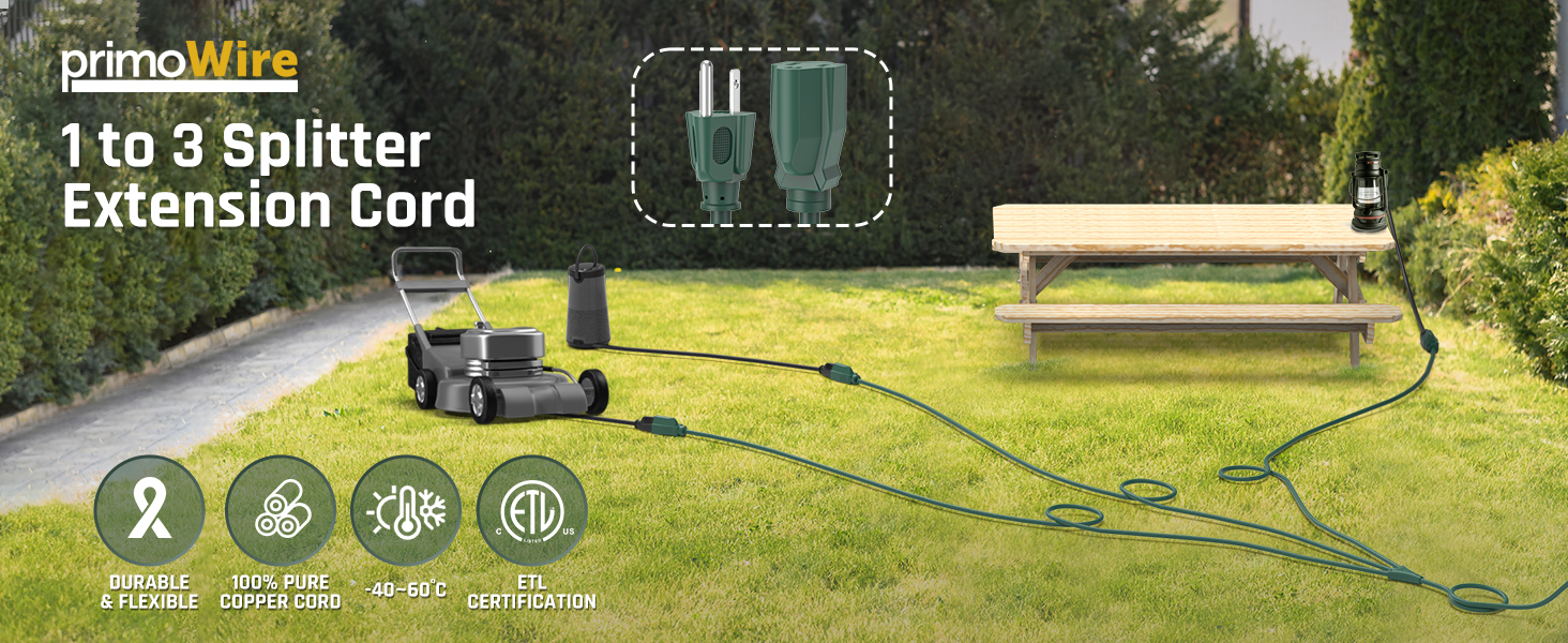 1-to-3 splitter cord—durable, pure copper, extreme-resistant, ETL-certified.