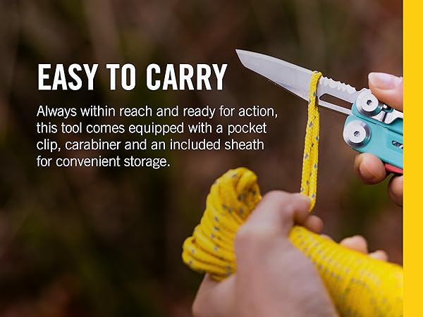 Easy to carry &amp; ready for action, this tool comes equipped with a pocket clip, carabiner &amp; a sheath.