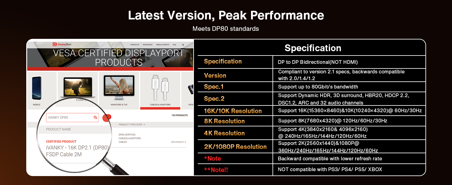 VESA Certified 80Gbps Dsiplayport 2.1