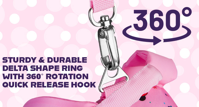 Delta-shaped metal ring with 360-degree rotation and quick release hook, attached to pink fabric. Features sturdy construction for durability.