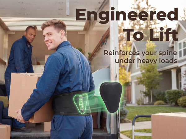 Worker safely lifting heavy box wearing Sparthos back brace featuring lumbar pad for spine support