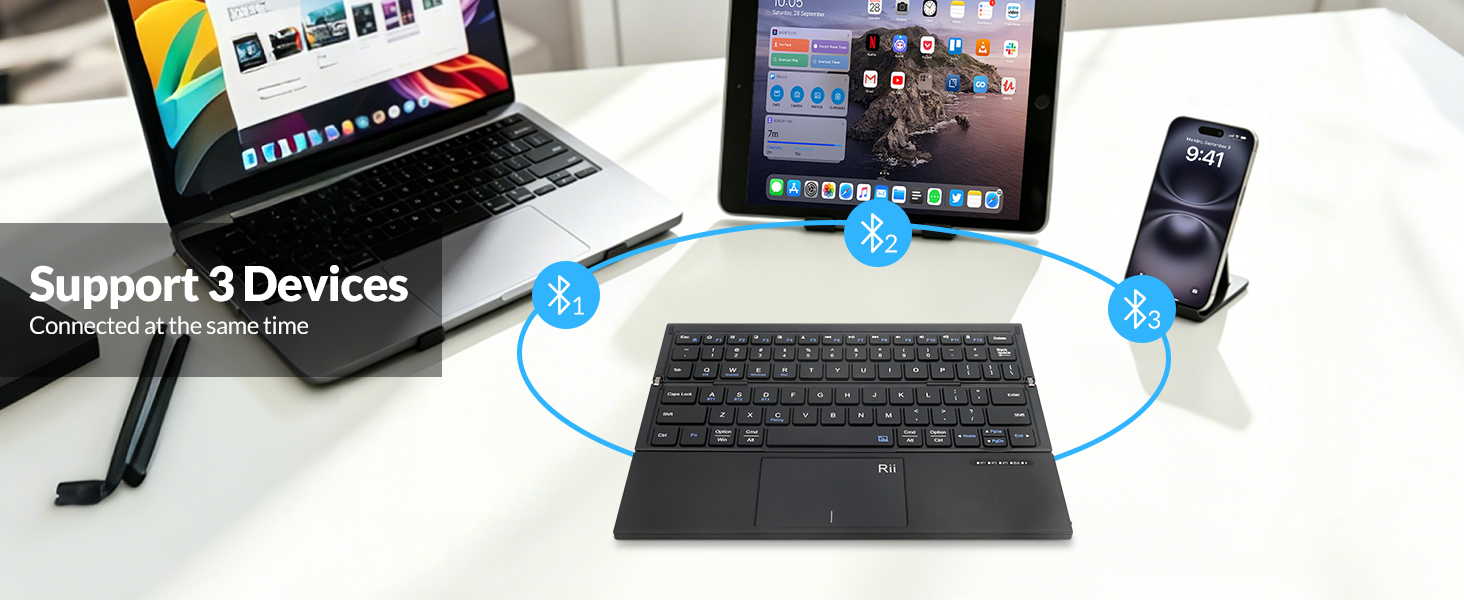 Rii RK811 Folding Bluetooth Keyboard can support 3 devices at the same time