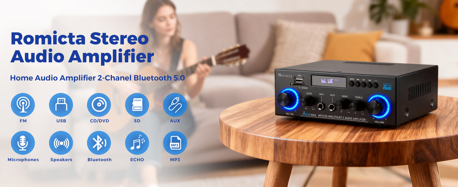 Text reads 'Romicta Stereo Audio Amplifier'. Product image showing a black audio amplifier with blue LED lighting and multiple feature icons displaying connectivity options.