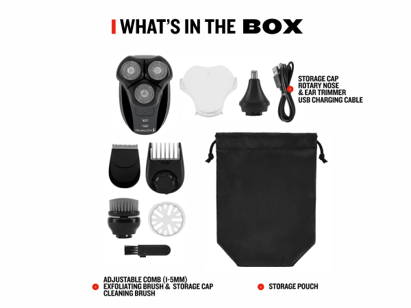 Included: Head shaver, nose and ear hair trimmer, beard trimmer, exfoliator, cord and storage bag