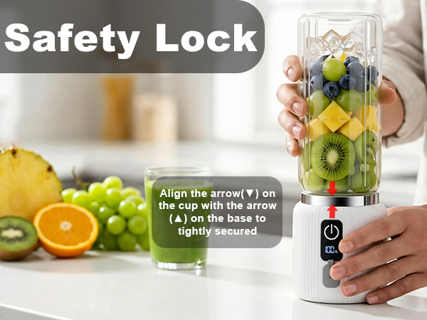 Text reads "Safety Lock" and "Align the arrow(?) on the lid (?) on the base to tightly secure". Blender with safety lock mechanism displaying fruit smoothie contents, showing operation instructions.