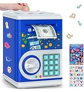 Dark Blue Piggy Bank for Kids with Password Code Lock and Auto Grab Bill Slot, PhilaeEC Real Mone...
