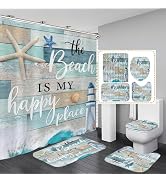 Chrainy 4Pcs Nautical Ocean Shower Curtain Sets Sea Wooden Bathroom Set Decor with Non-Slip Rugs ...