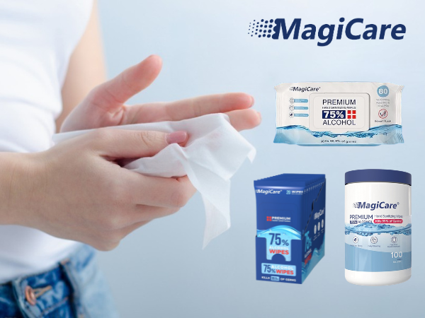 Person using a MagiCare premium wipe on their hands next to various packaging size options