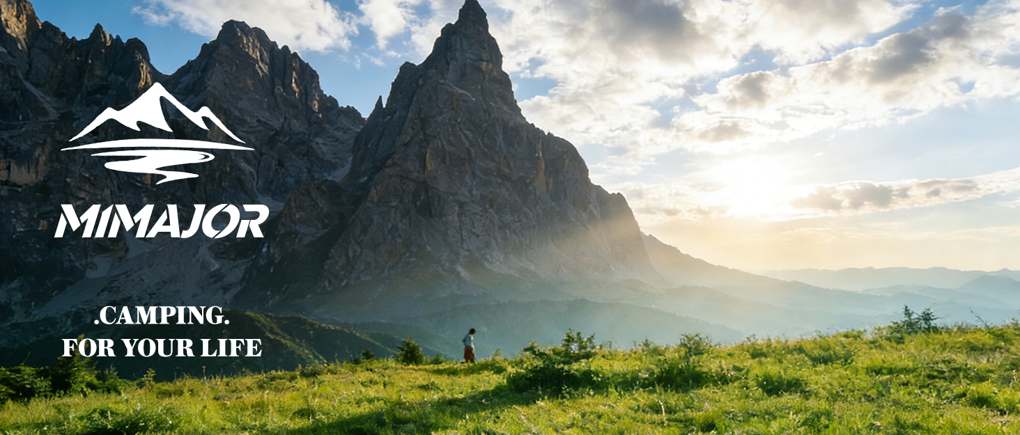 Text reads "MIMAJOR CAMPING FOR YOUR LIFE". Mountain landscape with dramatic peaks and sunrise/sunset sky, featuring brand logo in upper left.