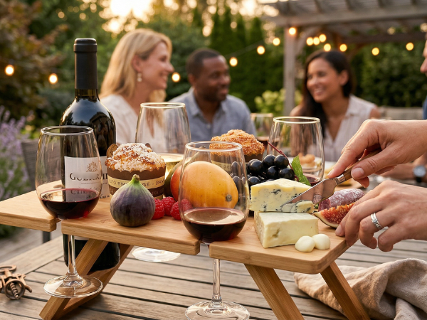 backyard wine table, backyard picnic, backyard party, garden wine table, patio wine setup