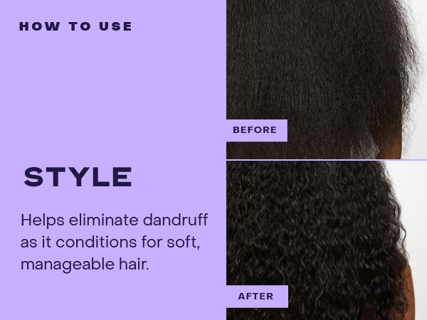 Before and after images show hair transformation.