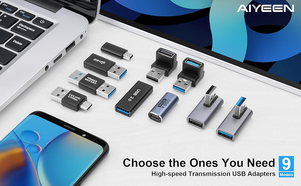 Aiyeen USB adapters collection showcasing 9 different types. Various sizes and shapes of USB-A, USB-C, and other connectors displayed next to a laptop and smartphone.