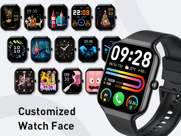 Smartwatch with black band displaying digital interface, alongside grid of customizable watch face options showing various designs and themes.