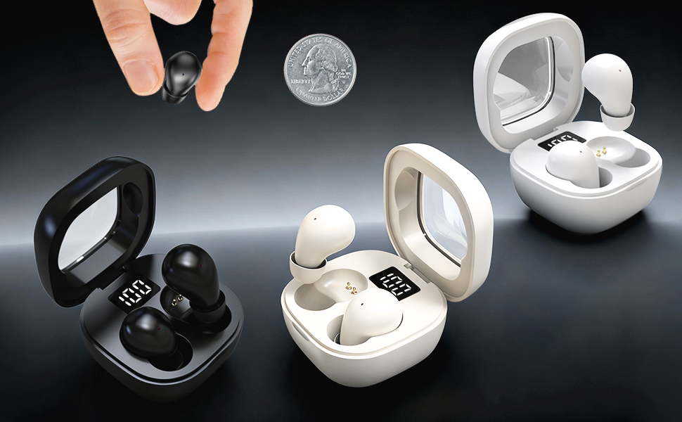 Honcas mini earbuds size comparison next to a dime. Compact wireless earbuds in three colors.