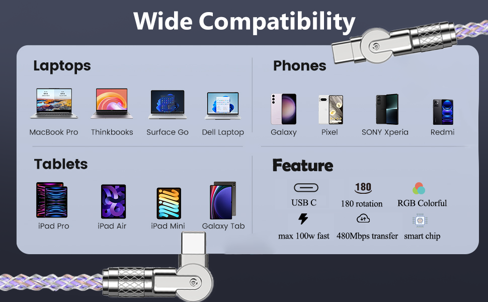 180 degree RGB usb c to type c cable