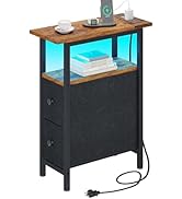 TRIFEBLE End Table with Charging Station, Narrow Side Table with 2 Fabric Drawers, Skinny Nightst...