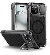 Lanhiem iPhone 15 Metal Case, [Built-in Camera Kickstand &amp; Glass Screen Protector] Heavy Duty Pro...