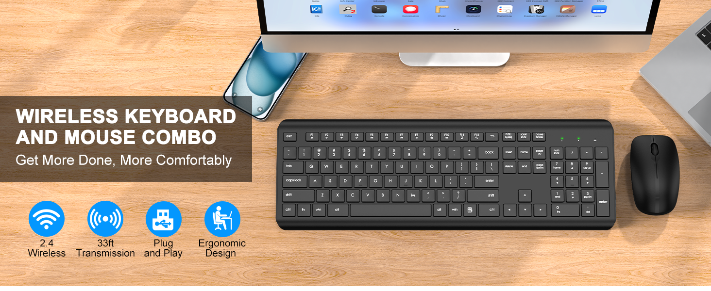 Wireless Keyboard and Mouse Combo, Full-Size Silent Ergonomic Keyboard and Optical Mouse