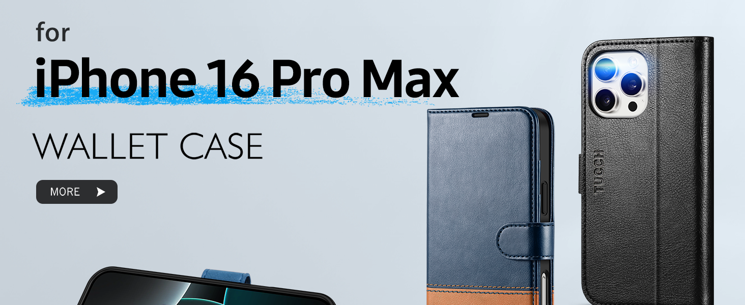 Wallet case for iPhone 16 Pro Max. Dark-colored folio-style case with card slots visible on the inner flap.