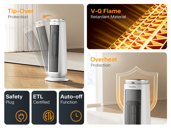 overheat protection, tip-over protection, Auto-off, ETL certified