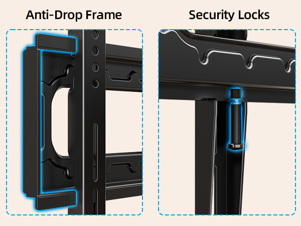 Diagram showing anti-drop frame and security locks on a device, highlighting protective features with blue outlines and labels.