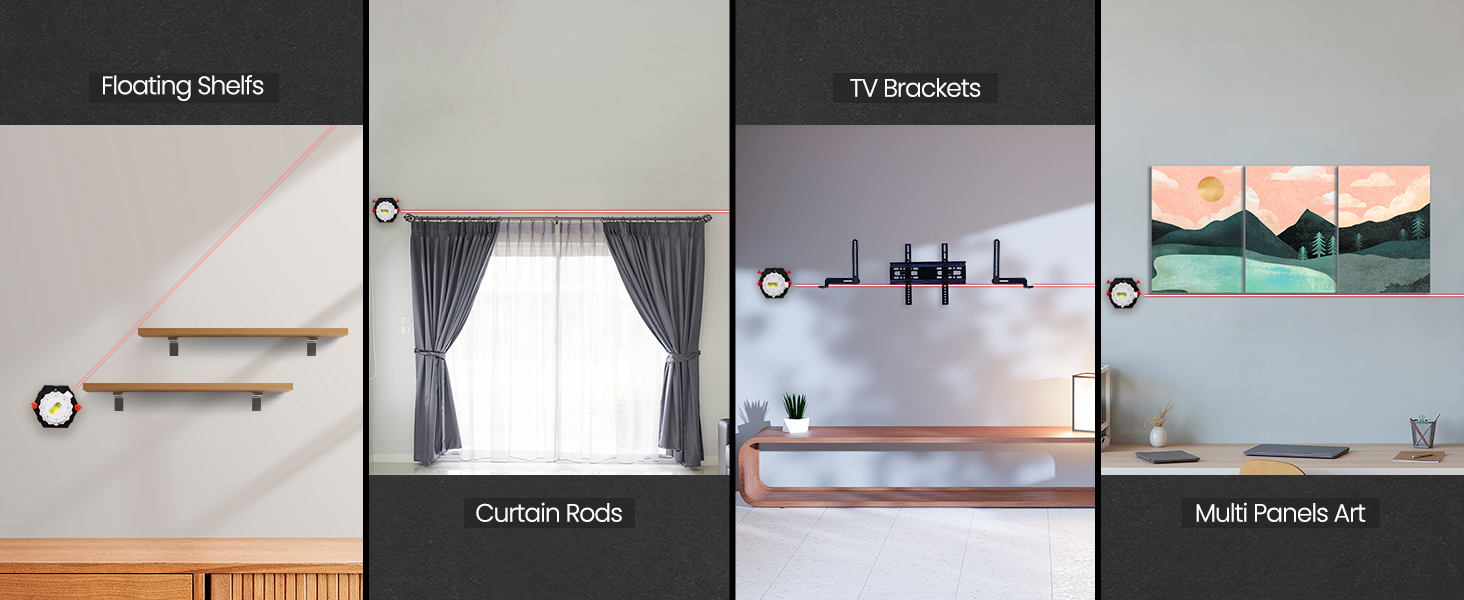 Zanis Linear Laser Level aligning shelves, TVs, curtain rods, and wall art precisely.