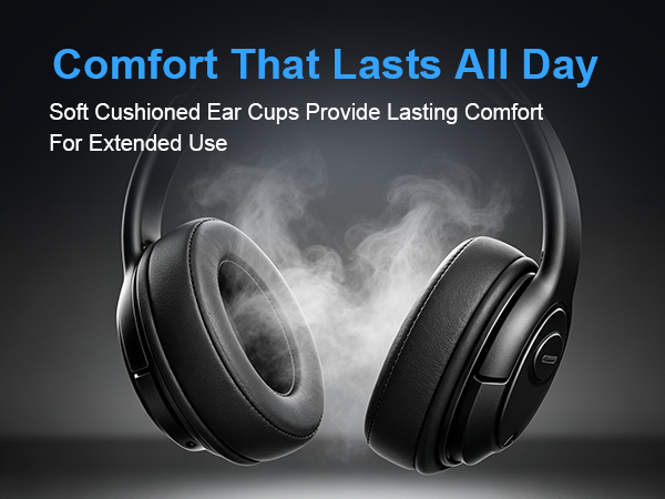 Text reads 'Comfort That Lasts All Day', 'Soft Cushioned Ear Cups Provide Lasting Comfort For Extended Use'. Over-ear headphones with black padded ear cups and headband shown in close-up detail highlighting soft cushioning.