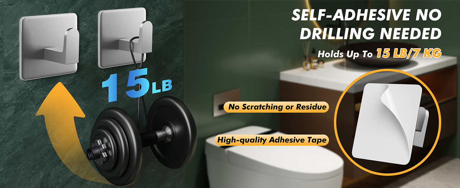 Heavy-duty hook holds up to 15 lbs, no drilling, no scratching or residue with strong adhesive tape