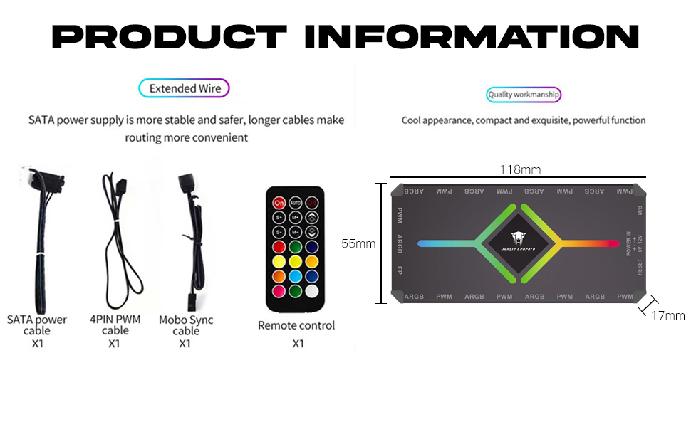 Product information diagram for electronic device. Shows power supply, cables, remote control, and main unit dimensions. Includes features like SATA power supply and RGB lighting.