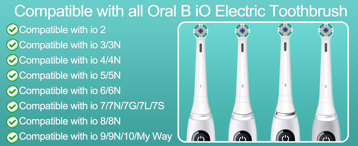 Teal product information card for electric toothbrush heads. Lists compatibility with various Oral B iO models.