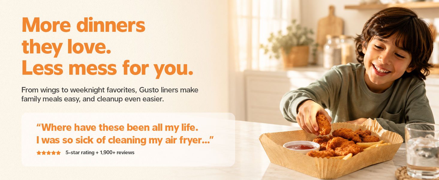 Before and after air fryer basket showing no mess cleanup with Gusto disposable liners