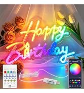Happy Birthday RGB+IC Neon Sign with APP &amp; 24-Key Remote, Colorful LED Light Up Sign with Timer/R...