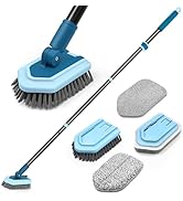 Extendable cleaning brush set with blue handle, featuring multiple attachments including brushes and microfiber pads in blue and grey colors.
