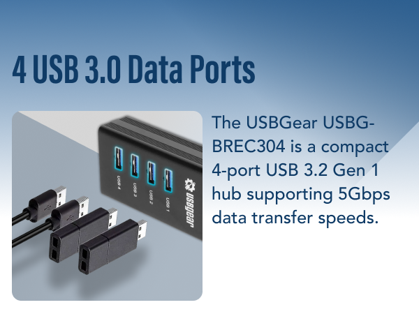 USBgear 4 USB 3.0 data ports hub, compact 4 port USB hub with 5Gbps data transfer