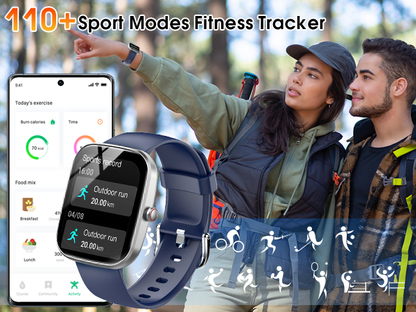 Smartwatch with fitness tracking features, displaying 110+ sport modes. Image shows device interface and people using it outdoors.