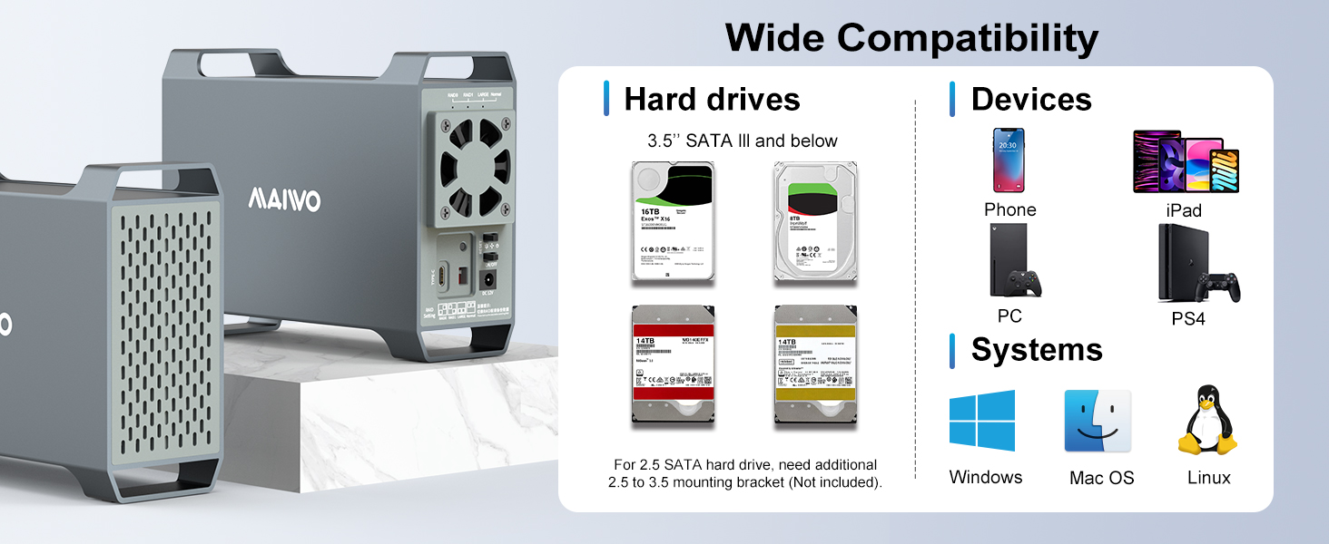 maiwo 2 bay raid enclosure usb c to 3.5 sata hdd enclosure dual bay
