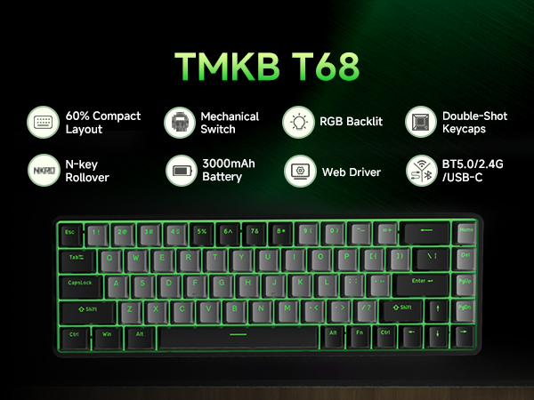 Text reads 'TMKB T68'. Mechanical keyboard with green backlit keys and multiple technical specification icons shown above.