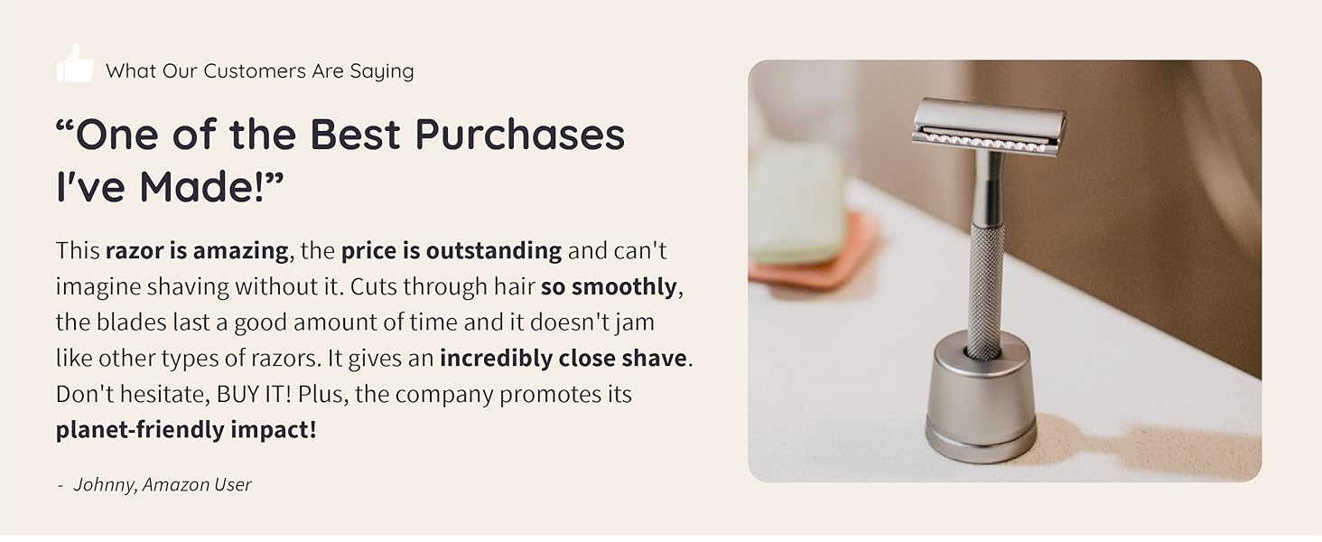 Metal safety razor with long handle on a bathroom counter. Text indicates it's a highly rated purchase.