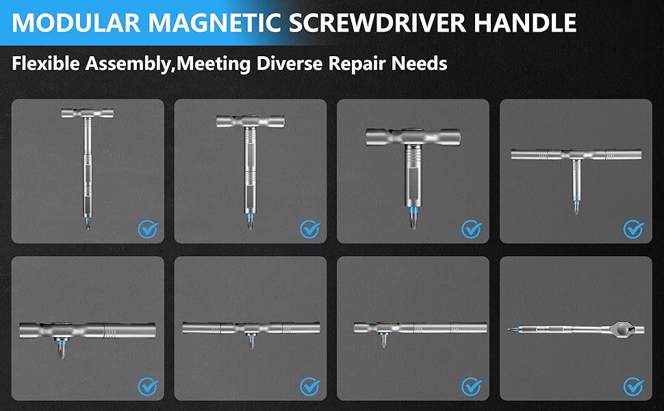 The magnetic screwdriver set features a magnetized handle and built-in magnetization chamber
