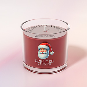 Holiday-themed scented candle in clear glass container with Santa logo, featuring red wax and single wick.