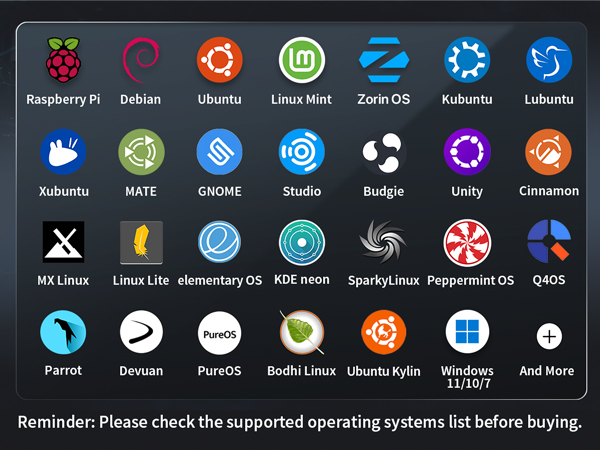 Logos of Linux Distros Supported by the Adapter Including Ubuntu Debian Raspberry Pi and More