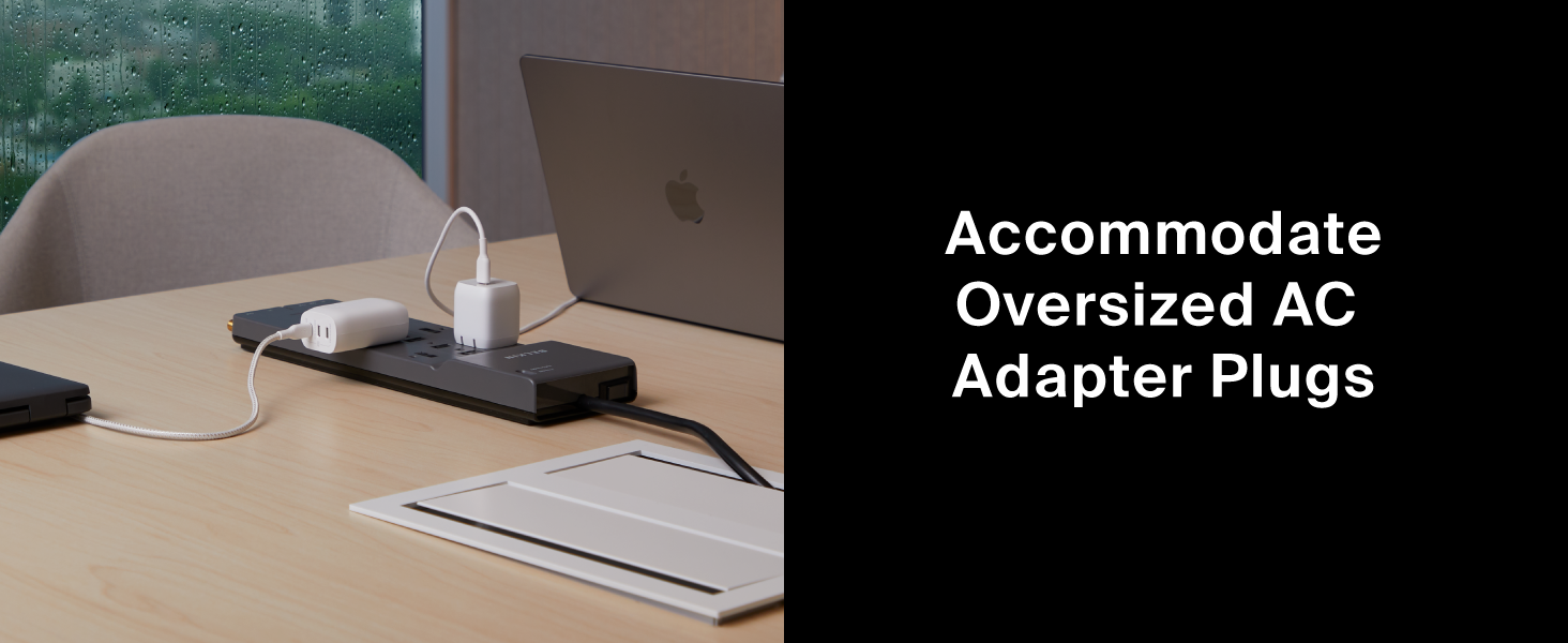 Image of power strip with plugs with text reading accommodate oversized AC Adpater Plugs