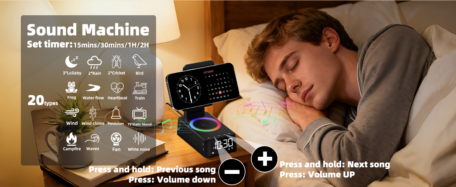 Text reads 'Sound Machine'. Marketing image showing sleep aid device interface with multiple sound options and timer settings, displayed on mobile device screen.