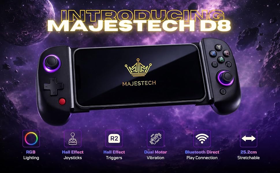 Text reads 'INTRODUCING MAJESTECH D8'. Gaming device interface with icons for WiFi, battery, and other system functions against purple background.