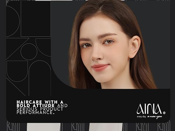 Beauty advertisement showing AIRIA brand logo and text about haircare performance against a dark background with geometric patterns.