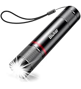Black cylindrical flashlight with Blukar branding, textured grip, red accent ring, and bright beam. Features adjustable focus and wrist strap for portable use.