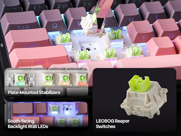 Gaming keyboard layout displaying pink keycaps with small decorative elements in a structured grid pattern.